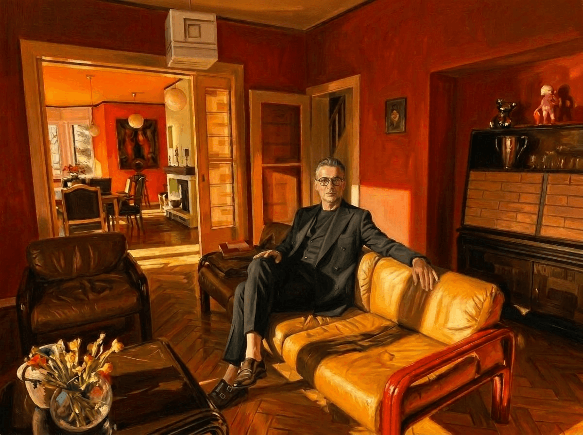 Christian Brey seated in a richly coloured interior