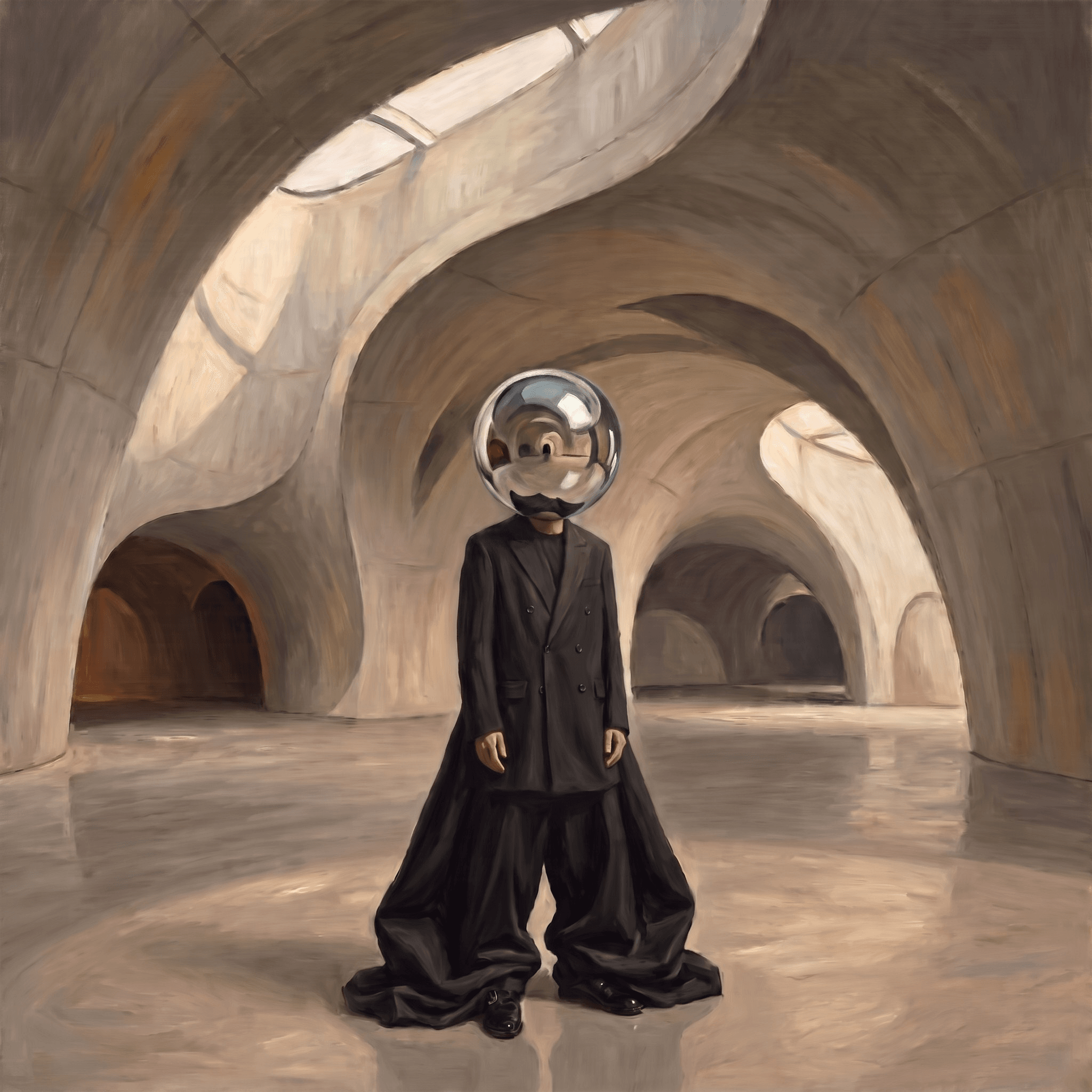 A masked figure within a sculptural architectural space
